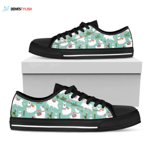 Cute Cactus And Llama Pattern Print Black Low Top Shoes, Gift For Men And Women