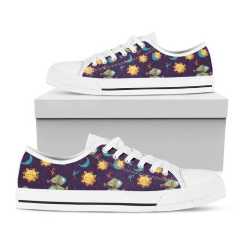 Cute Cartoon Pisces Pattern Print White Low Top Shoes, Best Gift For Men And Women
