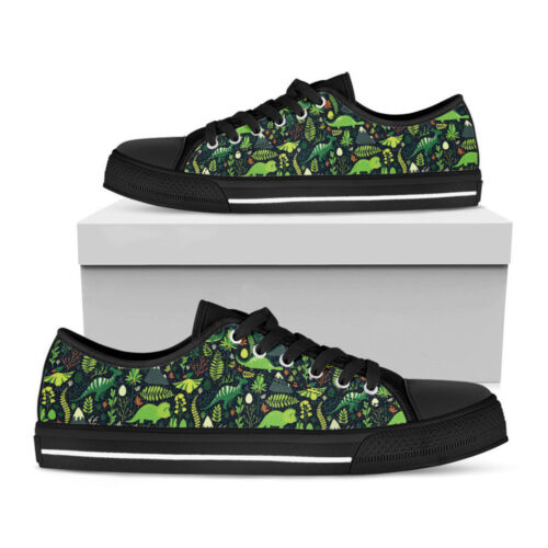 Cute Dinosaur And Floral Pattern Print Black Low Top Shoes, Gift For Men And Women