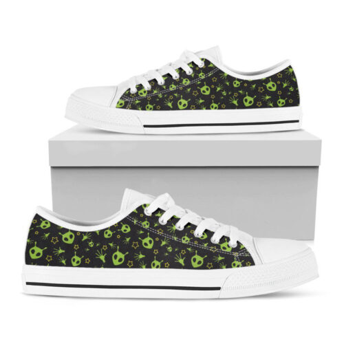 Cute Green Alien Pattern Print White Low Top Shoes For Men And Women