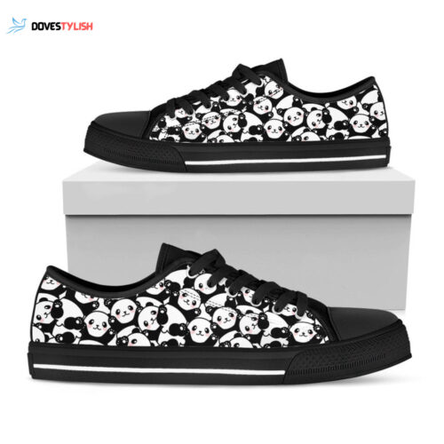 Cute Happy Panda Pattern Print Black Low Top Shoes, Best Gift For Men And Women