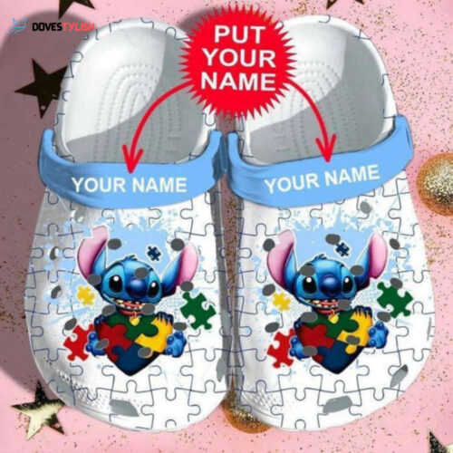 Cute Stitch Autism Custom Name Crocs Classic Clogs Shoes In Blue White