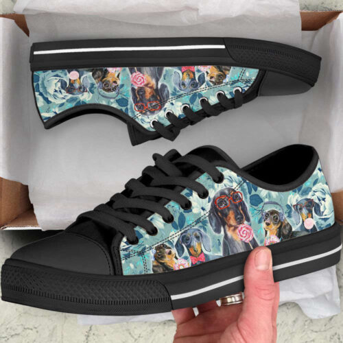 Dachshund Dog Flowers Pattern Low Top Shoes Canvas Sneakers Casual Shoes, Dog Mom Gift