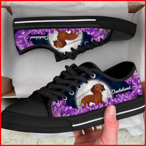 Dachshund Purple Flower Low Top Shoes Canvas Sneakers Casual Shoes, Dog Mom Gift