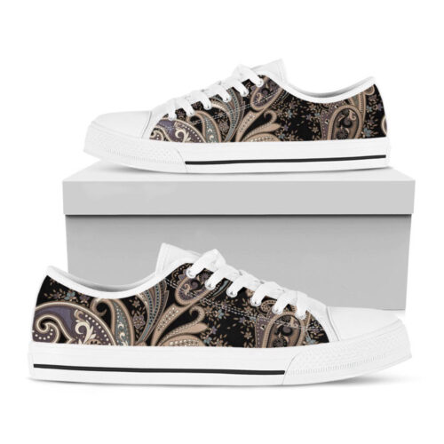 Dark Brown Paisley Pattern Print White Low Top Shoes, Best Gift For Men And Women