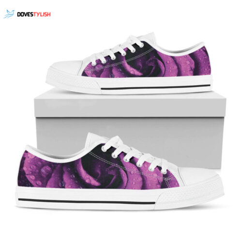 Dark Purple Rose Print White Low Top Shoes, Gift For Men And Women