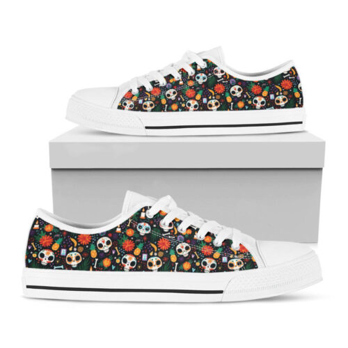 Dia De Los Muertos Day Of The Dead Print White Low Top Shoes, Best Gift For Men And Women