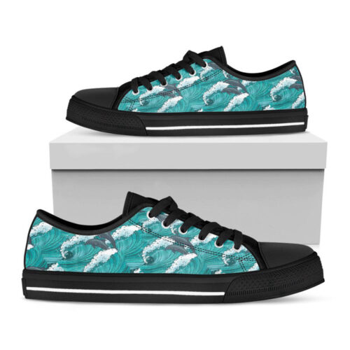Dolphin Riding Waves Pattern Print Black Low Top Shoes, Gift For Men And Women