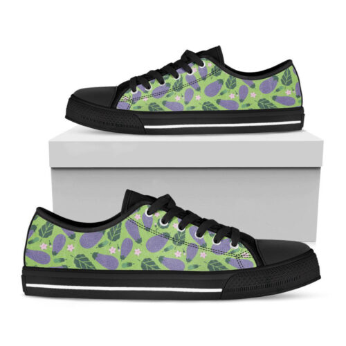 Eggplant With Leaves And Flowers Print Black Low Top Shoes, Best Gift For Men And Women
