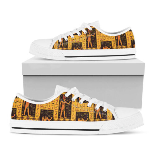 Egyptian Gods And Hieroglyphs Print White Low Top Shoes, Gift For Men And Women