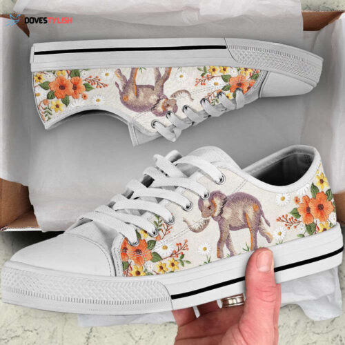 Elephant Embroidery Floral Low Top Shoes Canvas Print Lowtop Casual Shoes Gift For Adults