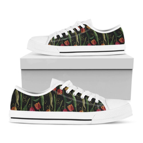 Embroidery Tulip Pattern Print White Low Top Shoes, Gift For Men And Women