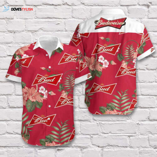 F89 Beer Hawaii Shirt Budweiser Logo Tropical Hibiscus Flower Red Hawaiian Aloha Shirt  For Men And Women