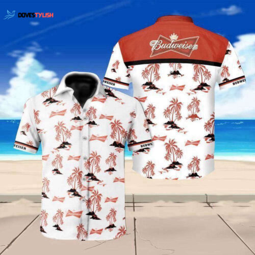 F89 Beer Hawaiian Shirt Budweiser Logo Tropical Palm Trees Pattern Red White Hawaii Aloha Shirt For Men And Women