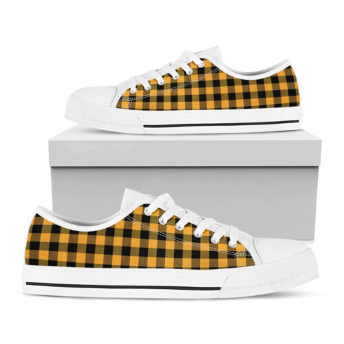 Fire Yellow Buffalo Check Pattern Print White Low Top Shoes, Best Gift For Men And Women