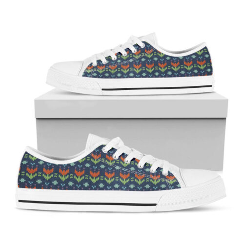 Flower Knitted Pattern Print White Low Top Shoes, Gift For Men And Women