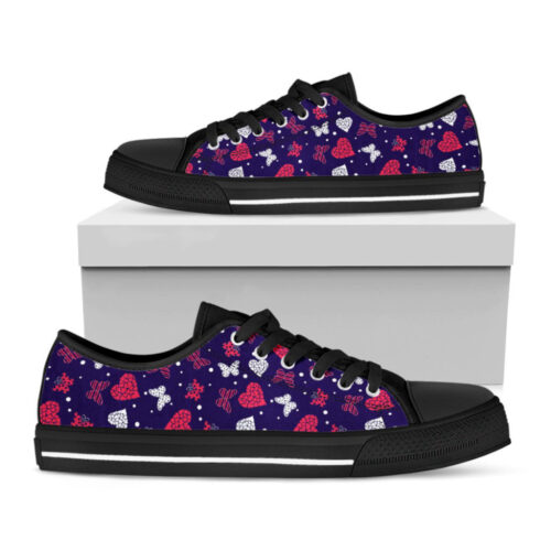 Girly Heart And Butterfly Pattern Print Black Low Top Shoes, Gift For Men And Women