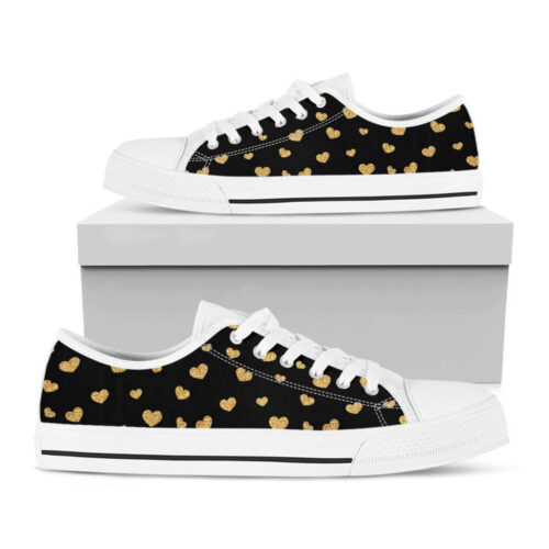 Gold And Black Heart Pattern Print White Low Top Shoes, Best Gift For Men And Women