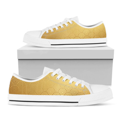 Gold Chinese Pattern Print White Low Top Shoes, Best Gift For Men And Women