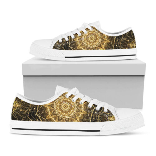 Gold Kaleidoscope Print White Low Top Shoes, Gift For Men And Women