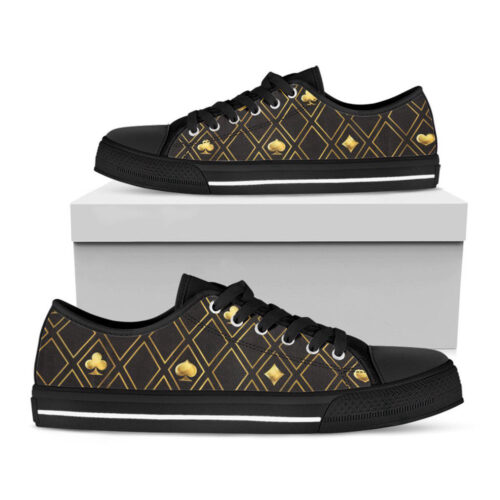 Gold Playing Card Suits Pattern Print Black Low Top Shoes For Men And Women