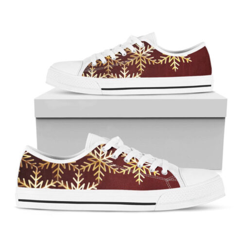 Golden Snowflake Print White Low Top Shoes, Best Gift For Men And Women
