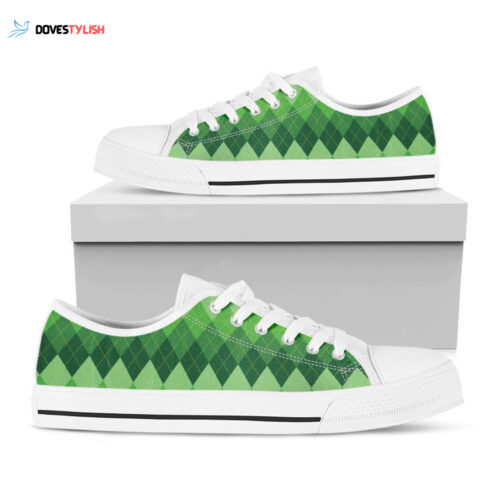 Grass Green Argyle Pattern Print White Low Top Shoes, Gift For Men And Women