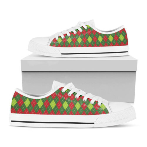 Green And Red Christmas Argyle Print White Low Top Shoes, Best Gift For Men And Women