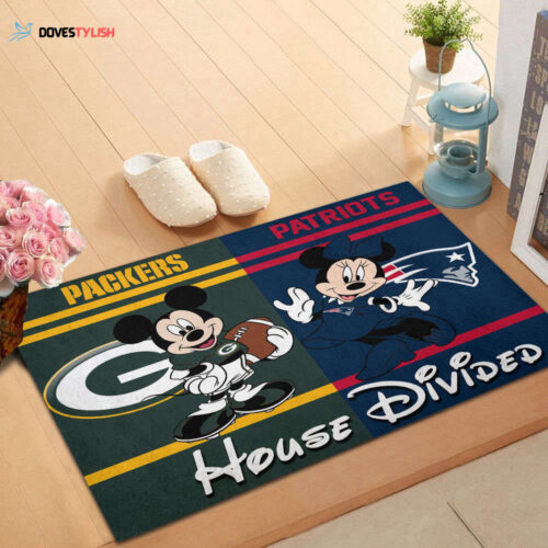Green Bay Packers vs New England Patriots Mickey And Minnie Teams NFL House Divided Doormat, Gift For Home Decor