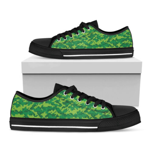 Green Digital Camo Pattern Print Black Low Top Shoes, Men And Women