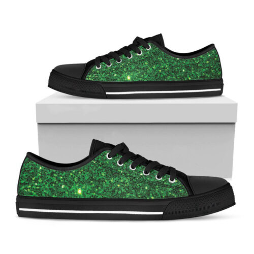 Green Glitter Artwork Print Black Low Top Shoes, Gift For Men And Women