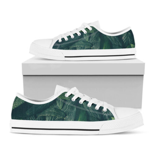 Green Leaves Print White Low Top Shoes, Best Gift For Men And Women