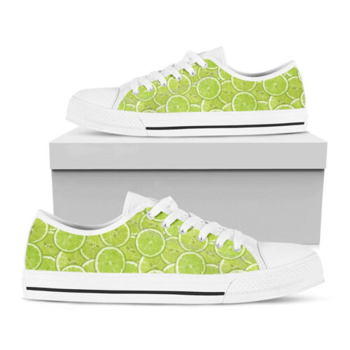 Green Lime Slices Pattern Print White Low Top Shoes For Men And Women