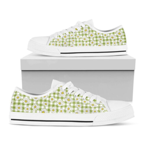 Green Tartan Daisy Pattern Print White Low Top Shoes For Men And Women