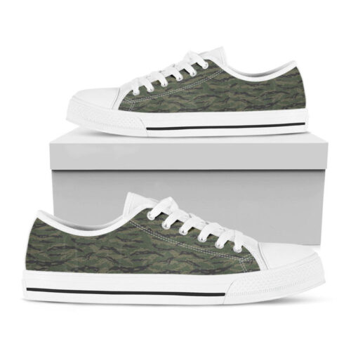 Green Tiger Stripe Camouflage Print White Low Top Shoes, Best Gift For Men And Women