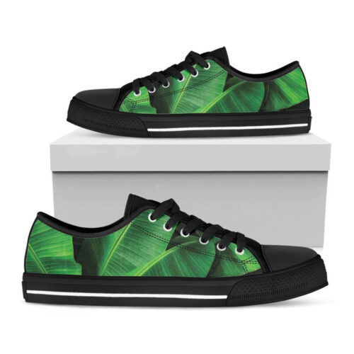 Green Tropical Banana Palm Leaf Print Black Low Top Shoes, Best Gift For Men And Women