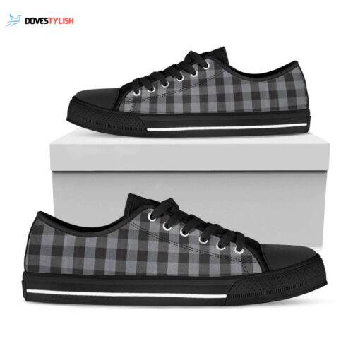 Grey And Black Check Pattern Print Black Low Top Shoes, Best Gift For Men And Women