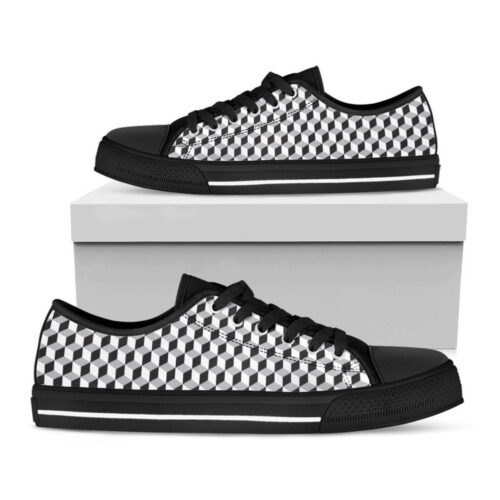 Grey Geometric Cube Shape Pattern Print Black Low Top Shoes For Men And Women