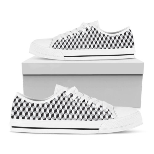 Grey Geometric Cube Shape Pattern Print White Low Top Shoes, Best Gift For Men And Women