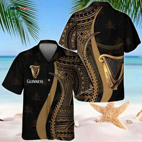 Guinness Beer Gold Polynesian Blend Tropical Coconut Tree Pattern  Hawaiian Shirt For Men And Women