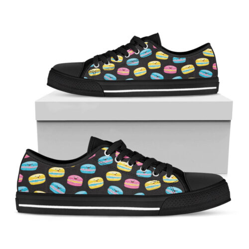 Happy Macarons Pattern Print Black Low Top Shoes, Best Gift For Men And Women