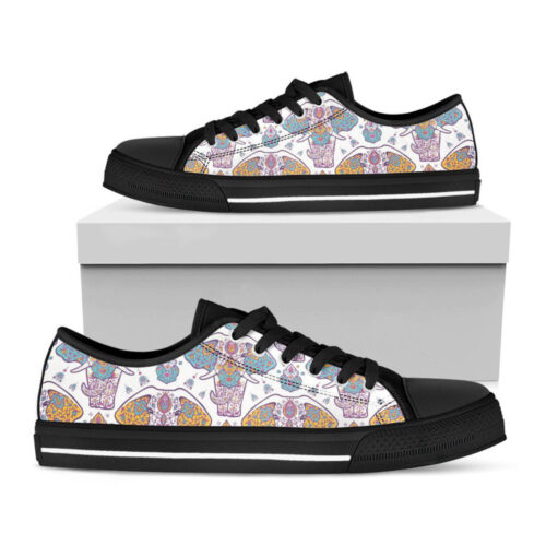 Indian Flower Elephant Pattern Print Black Low Top Shoes, Gift For Men And Women