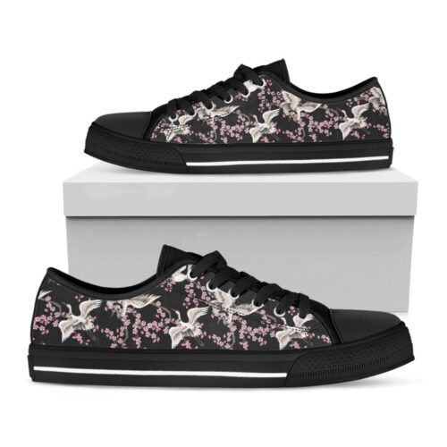 Japanese Crane Bird Pattern Print Black Low Top Shoes, Best Gift For Men And Women