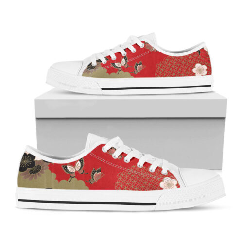 Japanese Flower Print White Low Top Shoes, Best Gift For Men And Women