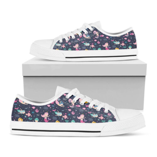 Mermaid Cartoon Pattern Print White  Low Top Shoes, Best Gift For  Men And Women