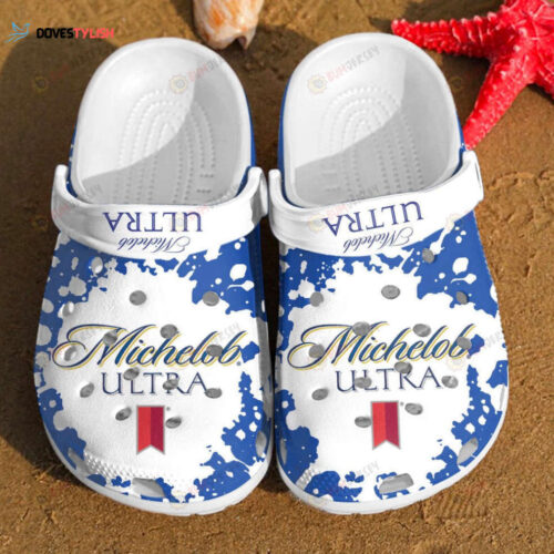 Michelob Ultra White Splatter Crocs Classic Clogs Shoes In Blue