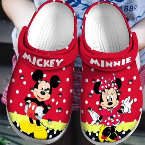Mickey & Minnie W Bow Pattern Crocs Classic Clogs Shoes In Yellow & Red