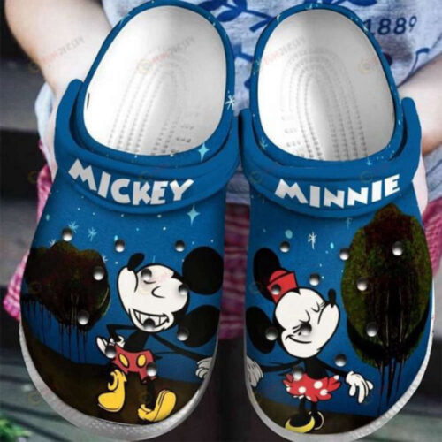 Mickey & Minnie W Sky & Tree Pattern Crocs Classic Clogs Shoes In Dark Blue