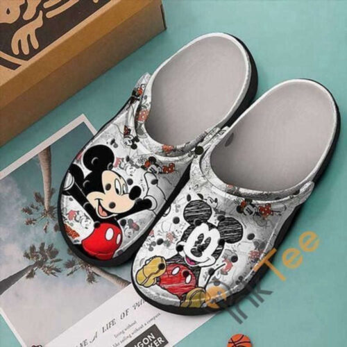 Mickey Mouse Disney Comic Pattern Crocs Classic Clogs Shoes In Black & White