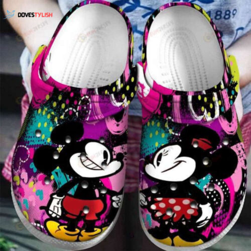 Mickey Mouse W Heart Pattern Crocs Classic Clogs Shoes In Black & Pink